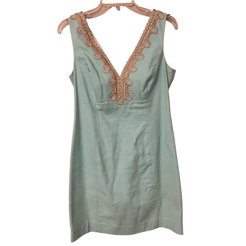 Lilly Pulitzer Bentley Shift Mini Dress Aqua Blue Gold Embroidered Trim 8 Preppy